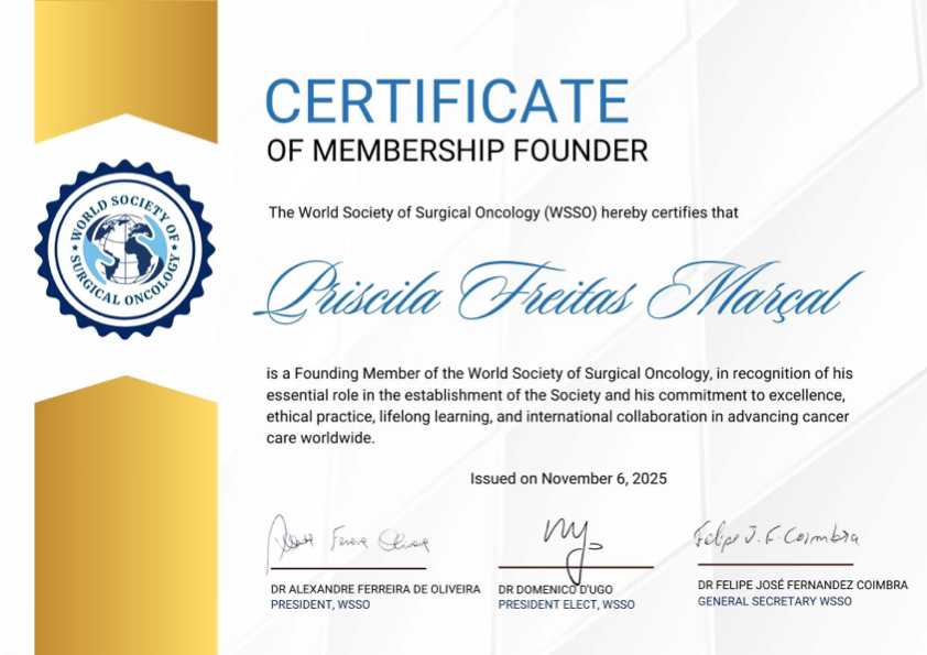 Certificado de Membro Fundadora da World Society of Surgical Oncology (WSSO)